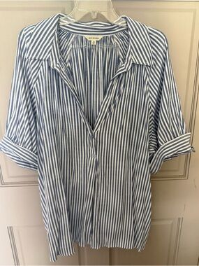 Max Studio Blue and White Vertical Stripe Button-Front Blouse